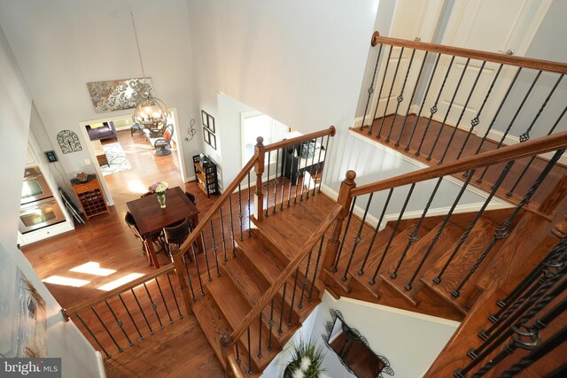 stairs with an inviting chandelier, a high ceiling, and wood finished floors