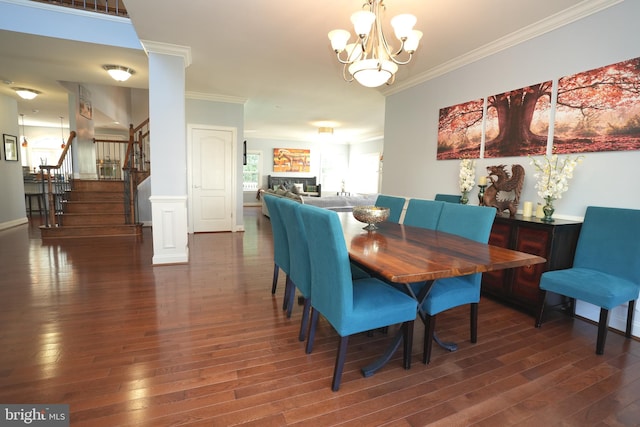 dining area with a notable chandelier, stairs, ornamental molding, and dark wood-style flooring