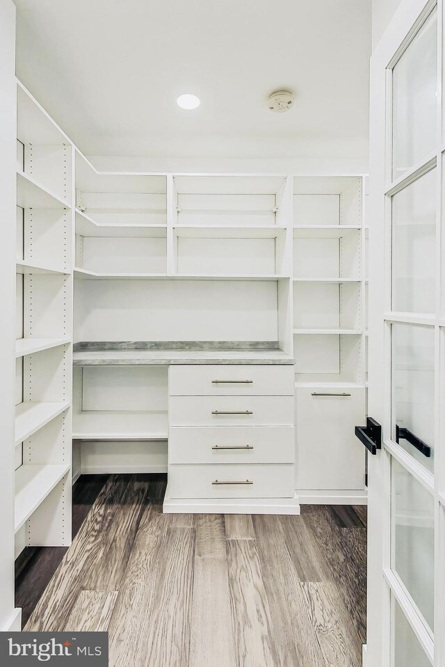 walk in closet with hardwood / wood-style flooring