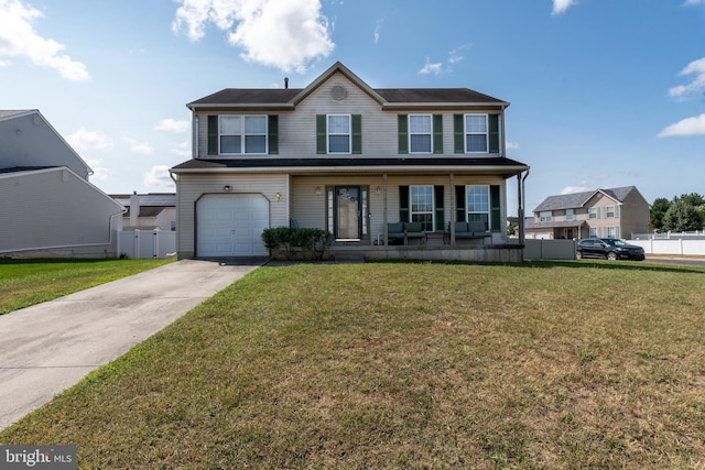 view of front of house featuring a garage, covered porch, a front lawn, and fence