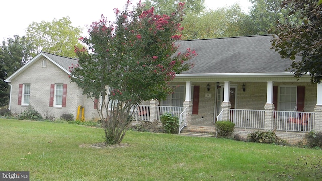 view of front facade with a shingled roof, a front yard, covered porch, and brick siding