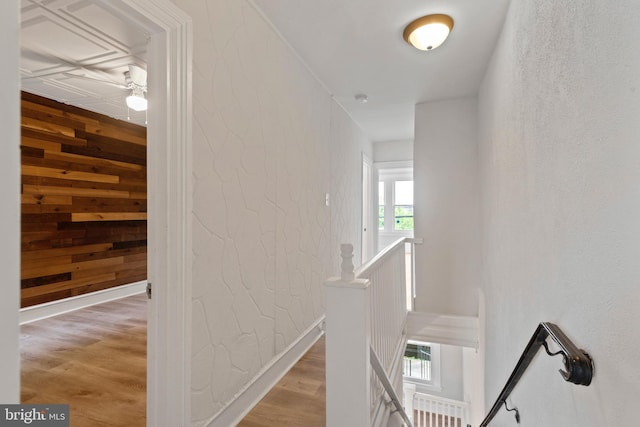 hall with a healthy amount of sunlight and hardwood / wood-style floors