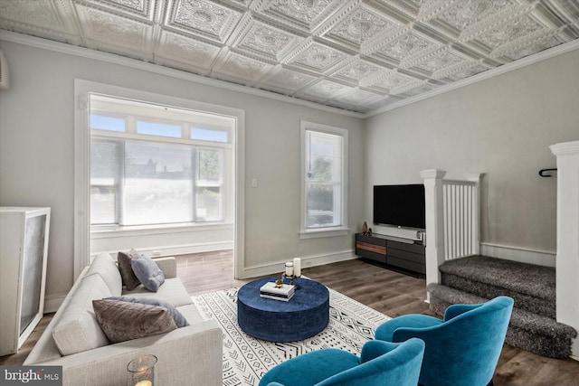 living room with ornamental molding and wood-type flooring