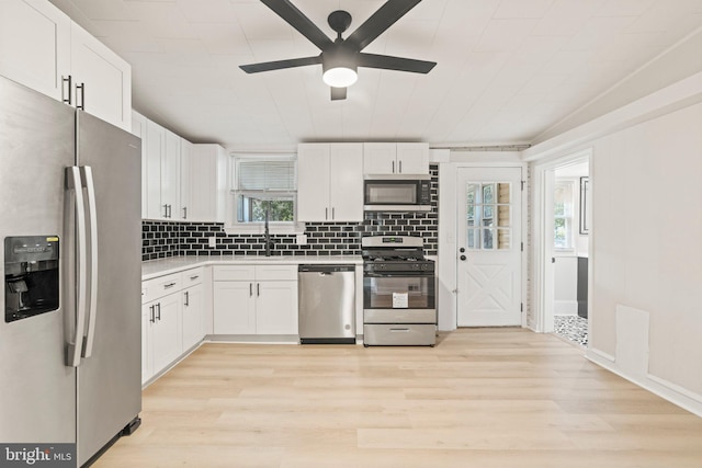 kitchen featuring white cabinetry, stainless steel appliances, and light hardwood / wood-style flooring