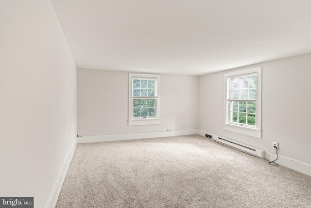 carpeted empty room featuring a baseboard radiator