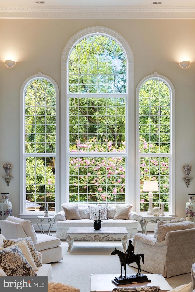 living room featuring ornamental molding and a wealth of natural light