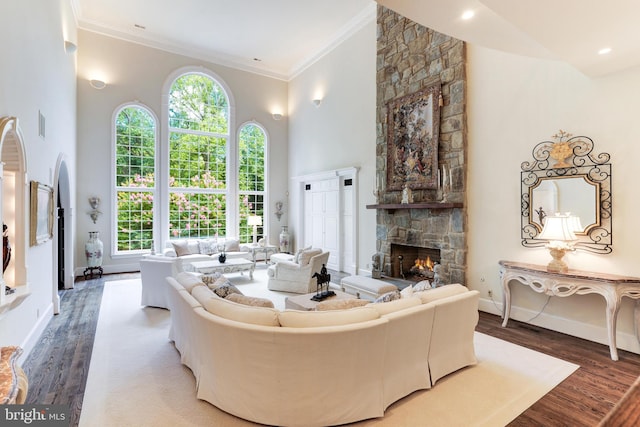 living room featuring a stone fireplace, ornamental molding, hardwood / wood-style floors, and plenty of natural light