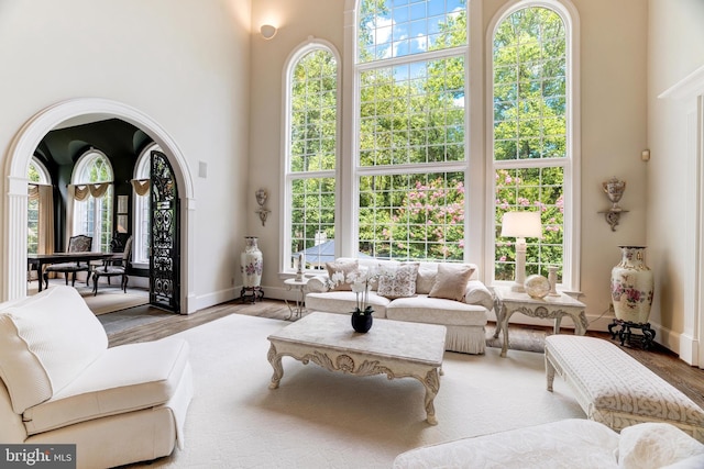 living room with a wealth of natural light, light hardwood / wood-style floors, and a high ceiling