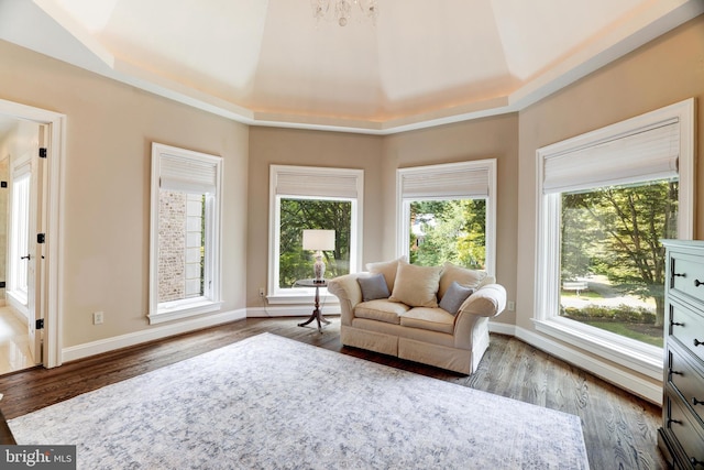 living room with vaulted ceiling and dark hardwood / wood-style flooring