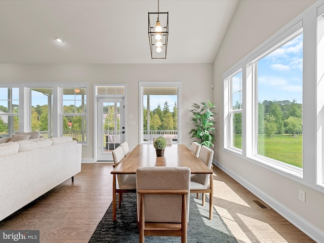 dining area featuring lofted ceiling and hardwood / wood-style floors