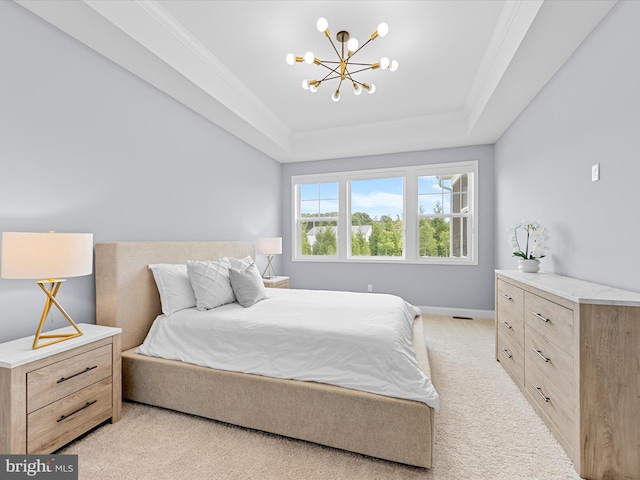 bedroom featuring a chandelier, light carpet, baseboards, ornamental molding, and a tray ceiling