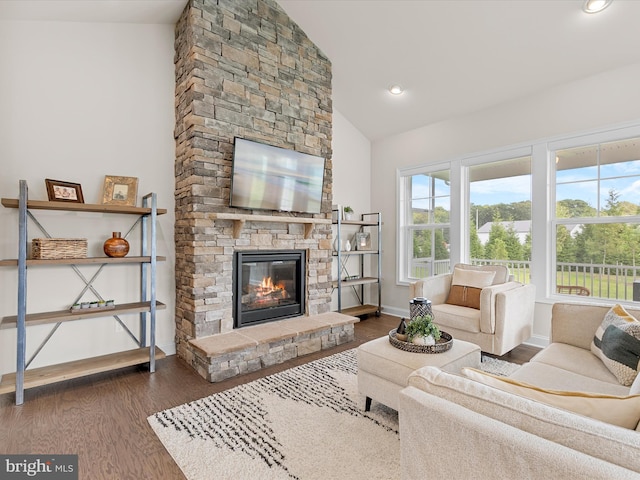 living room featuring a stone fireplace, high vaulted ceiling, and dark hardwood / wood-style flooring