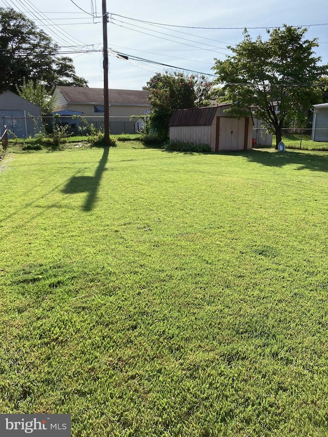 view of yard featuring a storage unit