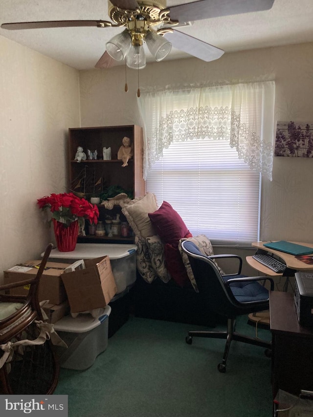 carpeted office space with ceiling fan