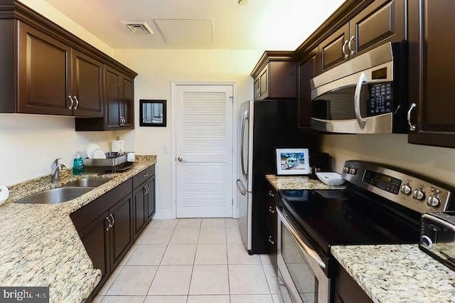 kitchen with dark brown cabinetry, visible vents, appliances with stainless steel finishes, and a sink