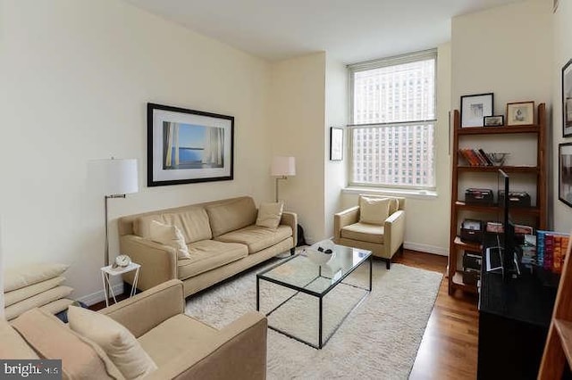 living room with baseboards and wood finished floors