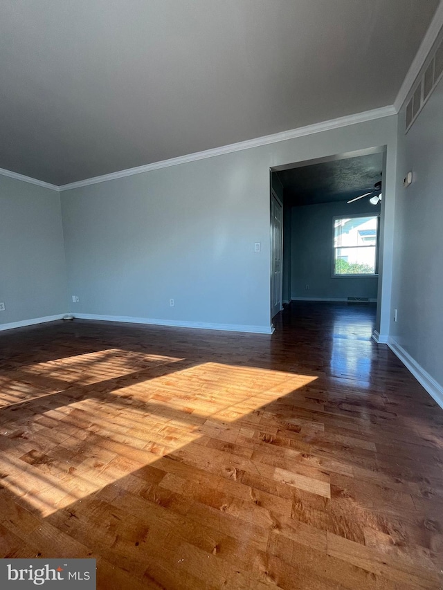 spare room featuring ornamental molding and dark wood-style flooring