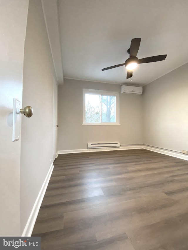 unfurnished room featuring ceiling fan, baseboard heating, dark hardwood / wood-style floors, and a wall unit AC