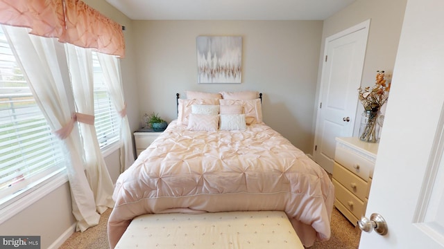 bedroom with baseboards and light colored carpet