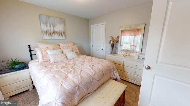 bedroom featuring light carpet