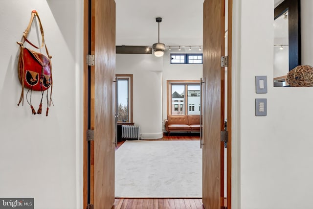 hall with light wood-type flooring, rail lighting, and radiator heating unit