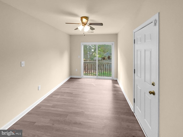 unfurnished room with hardwood / wood-style flooring and ceiling fan