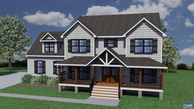 view of front of property featuring roof with shingles, a porch, and a front yard