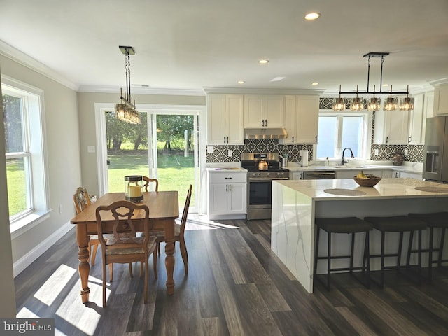 kitchen featuring decorative light fixtures, dark hardwood / wood-style flooring, appliances with stainless steel finishes, a healthy amount of sunlight, and white cabinets