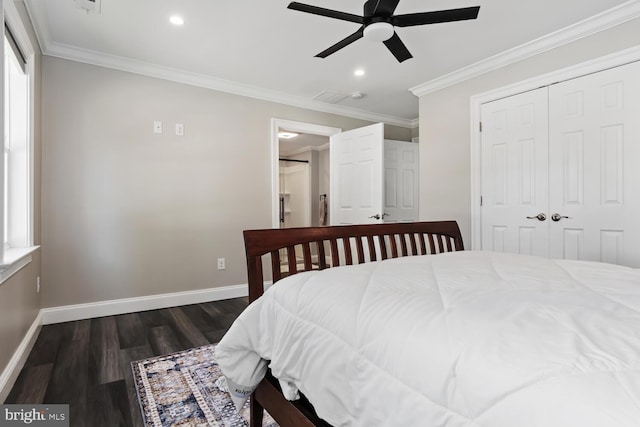 bedroom with crown molding, ceiling fan, a closet, and dark hardwood / wood-style flooring