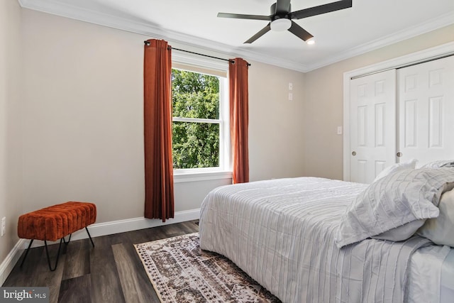 bedroom featuring baseboards, a ceiling fan, dark wood-style floors, crown molding, and a closet