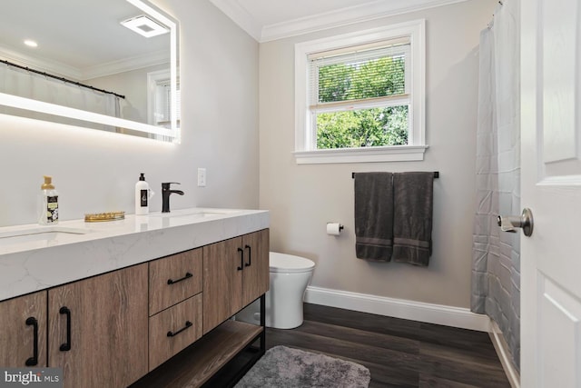 bathroom featuring double vanity, baseboards, ornamental molding, and a sink