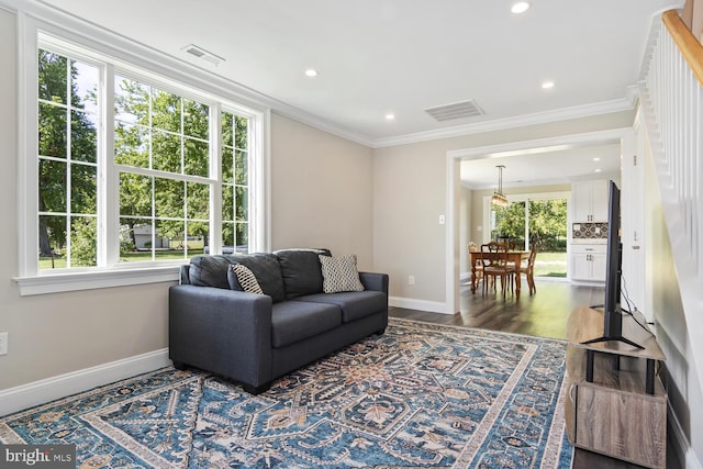 living room with ornamental molding and dark wood-type flooring