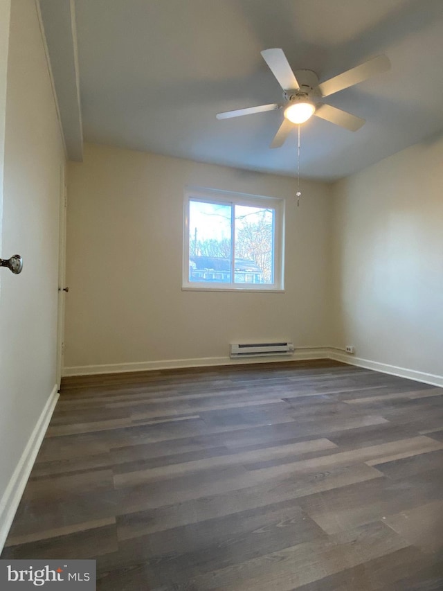 spare room featuring dark wood-type flooring, a baseboard radiator, and ceiling fan