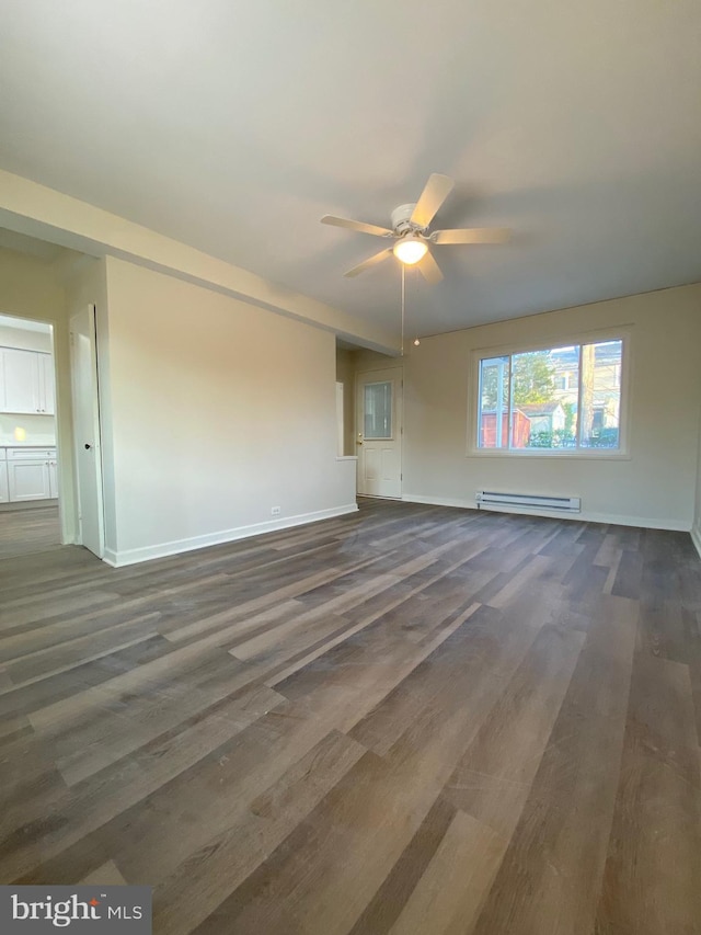 unfurnished living room featuring ceiling fan, baseboard heating, and dark hardwood / wood-style flooring