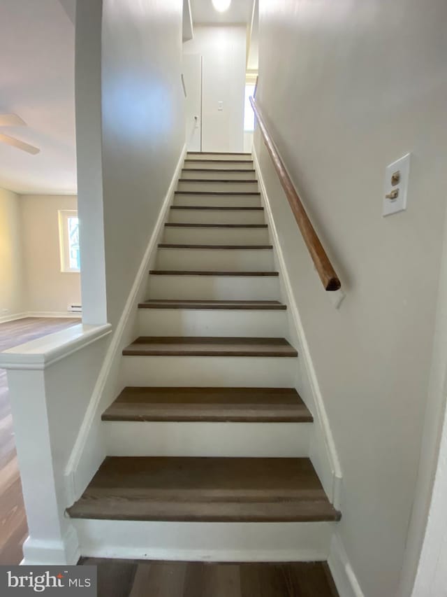 stairs featuring ceiling fan