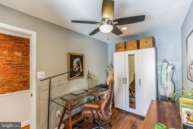 office featuring ceiling fan and dark wood finished floors