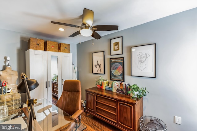 office with ceiling fan and wood finished floors