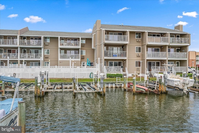 dock area with a balcony and a water view