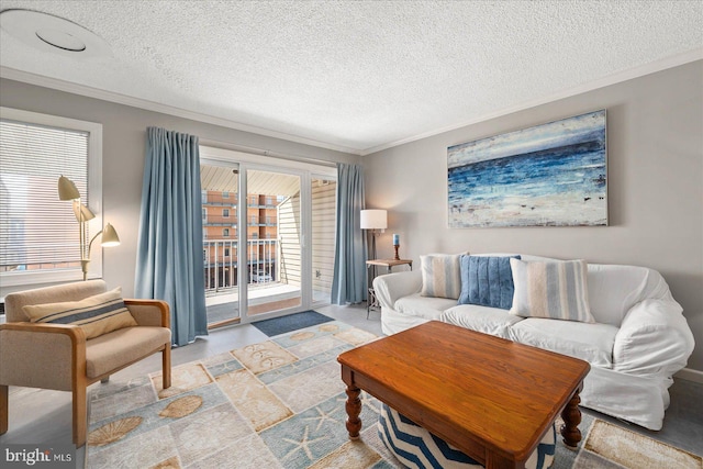 living room featuring ornamental molding, a textured ceiling, and a healthy amount of sunlight