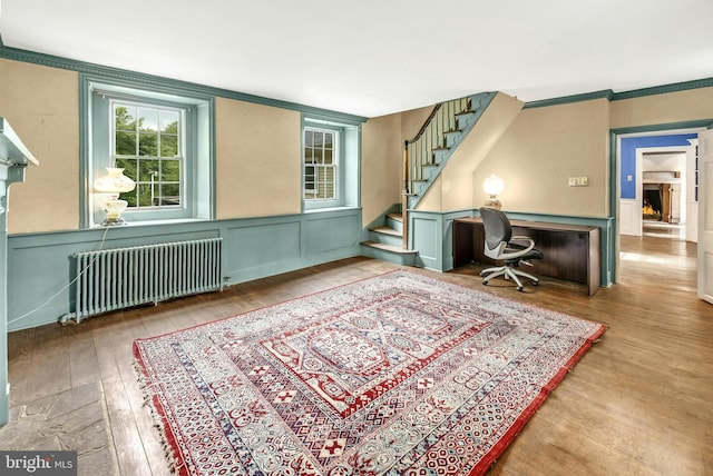 office area featuring a decorative wall, a wainscoted wall, wood finished floors, radiator, and crown molding