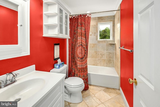 full bathroom featuring tile patterned flooring, shower / bathtub combination with curtain, toilet, and vanity