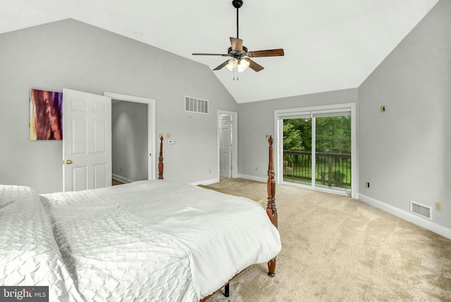 bedroom featuring access to exterior, baseboards, visible vents, and light colored carpet