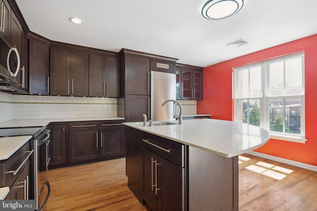 kitchen with stainless steel appliances, tasteful backsplash, sink, a center island with sink, and light wood-type flooring