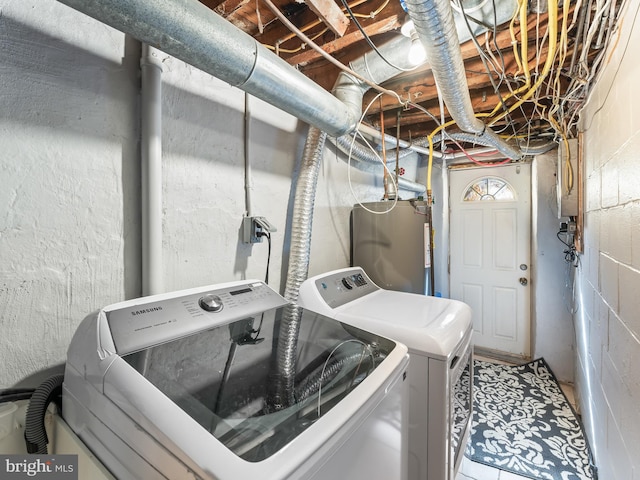 laundry area with water heater and washing machine and dryer