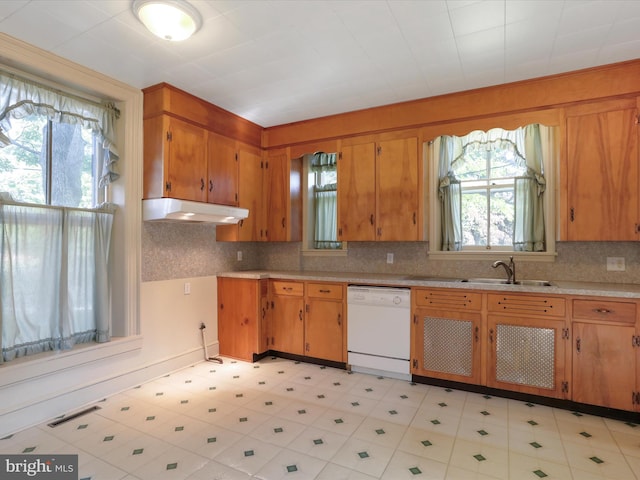 kitchen with white dishwasher, decorative backsplash, and sink