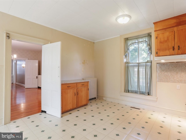 kitchen with light hardwood / wood-style floors and radiator