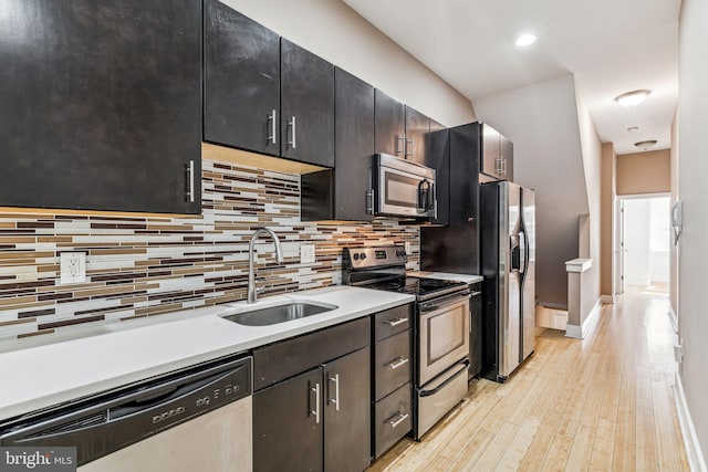 kitchen with light hardwood / wood-style floors, appliances with stainless steel finishes, sink, and tasteful backsplash