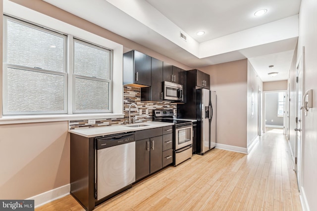 kitchen with sink, tasteful backsplash, light hardwood / wood-style floors, and stainless steel appliances