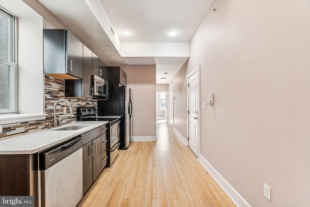 kitchen with light wood-type flooring, appliances with stainless steel finishes, sink, and decorative backsplash