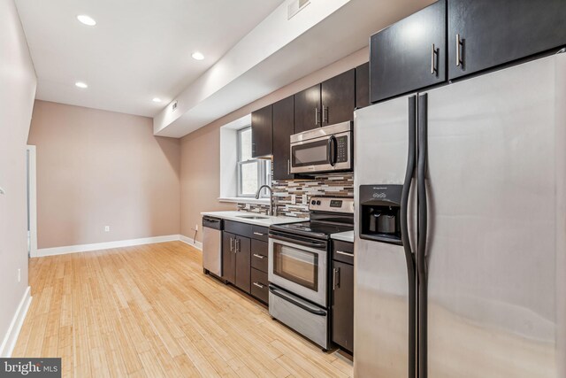 kitchen featuring backsplash, sink, stainless steel appliances, and light hardwood / wood-style flooring